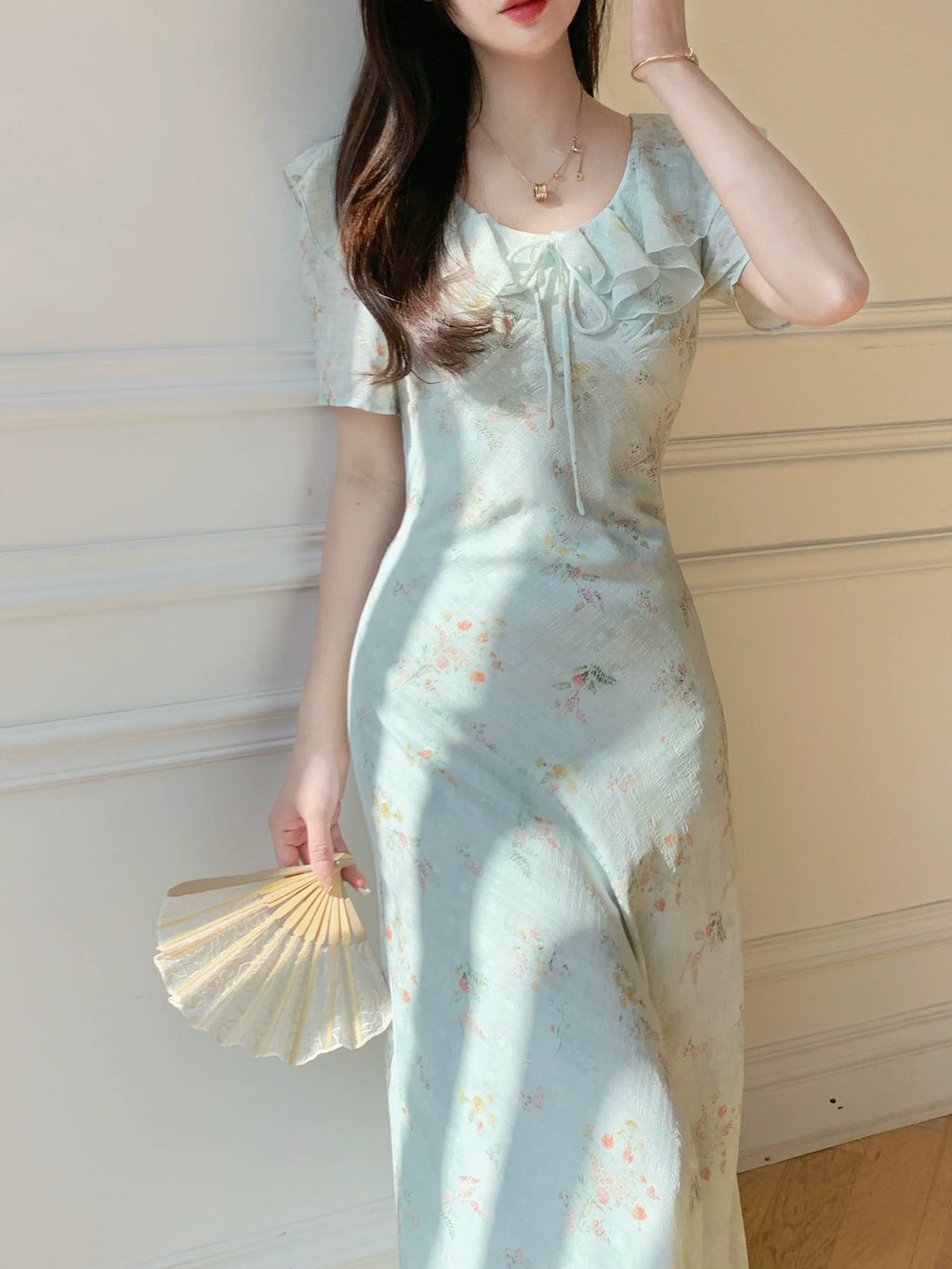 ラッフルフローラルシフォンワンピース