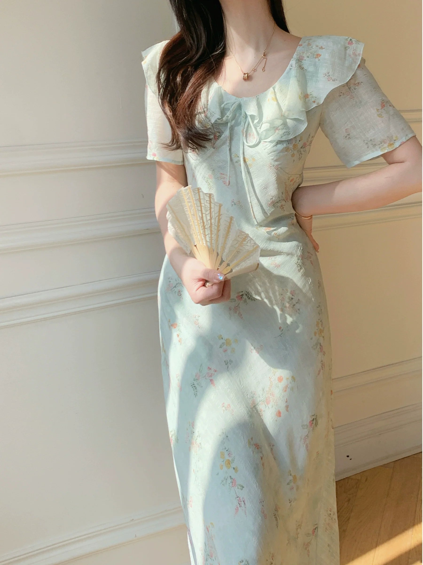 ラッフルフローラルシフォンワンピース