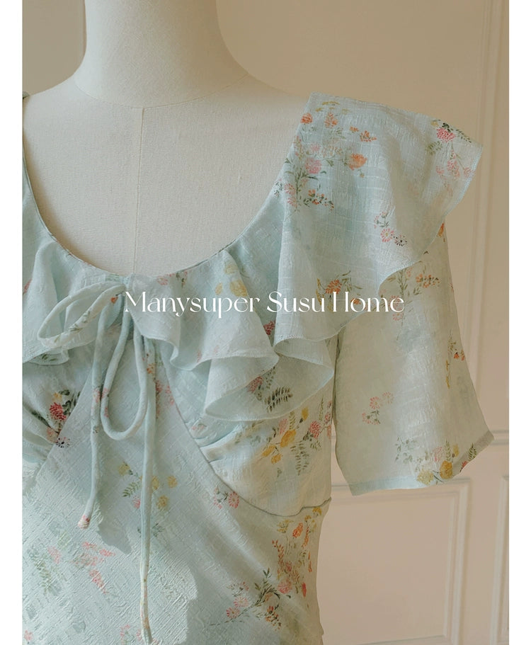 ラッフルフローラルシフォンワンピース