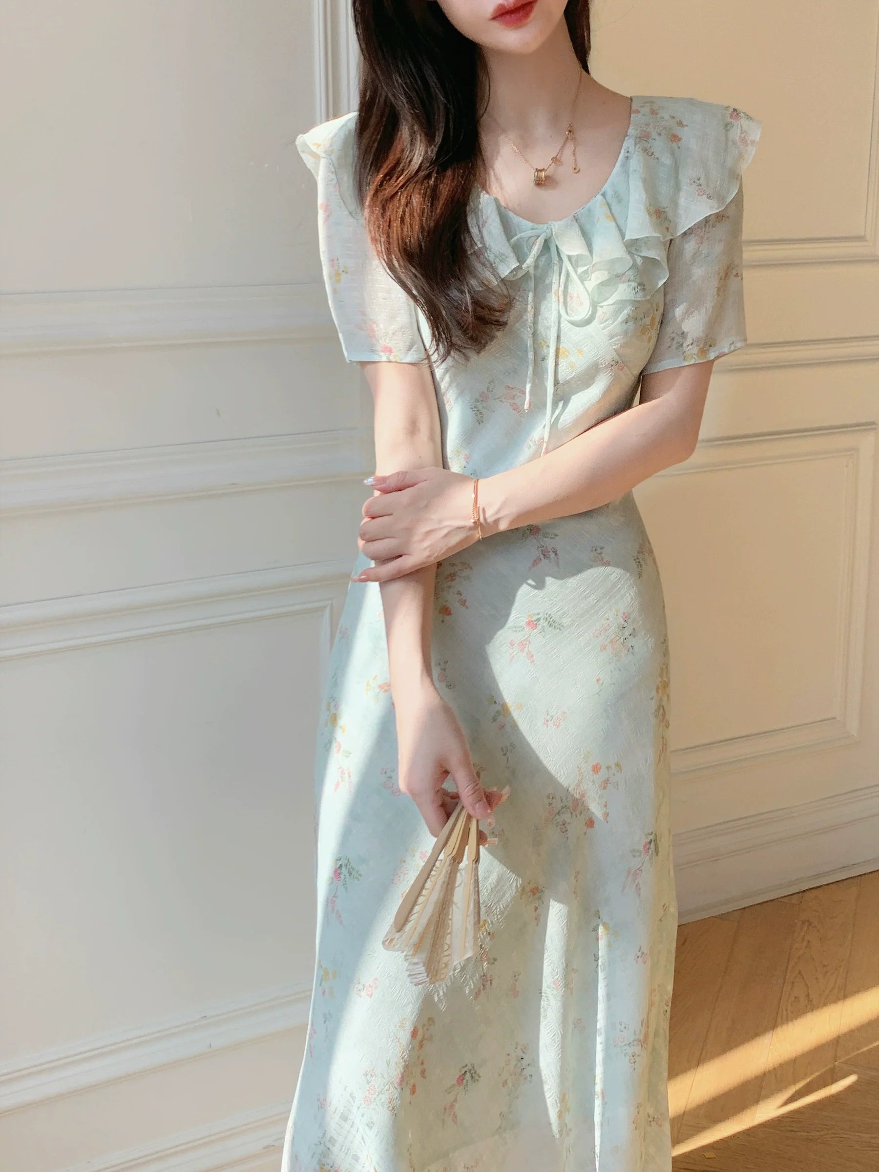 ラッフルフローラルシフォンワンピース
