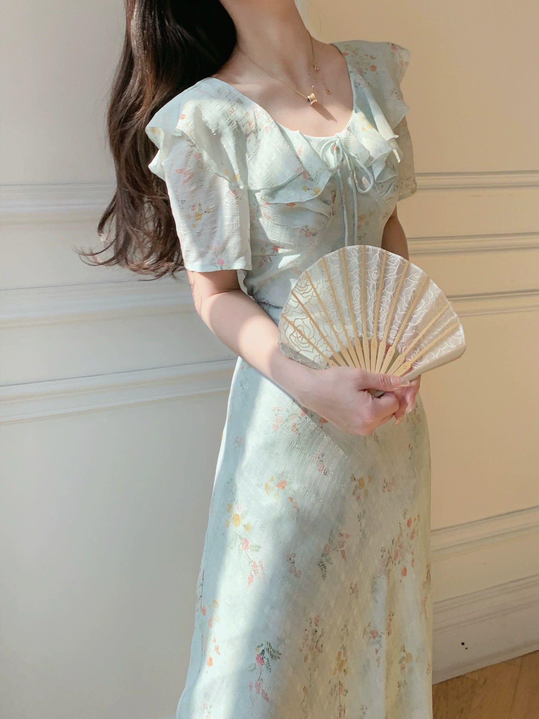 ラッフルフローラルシフォンワンピース