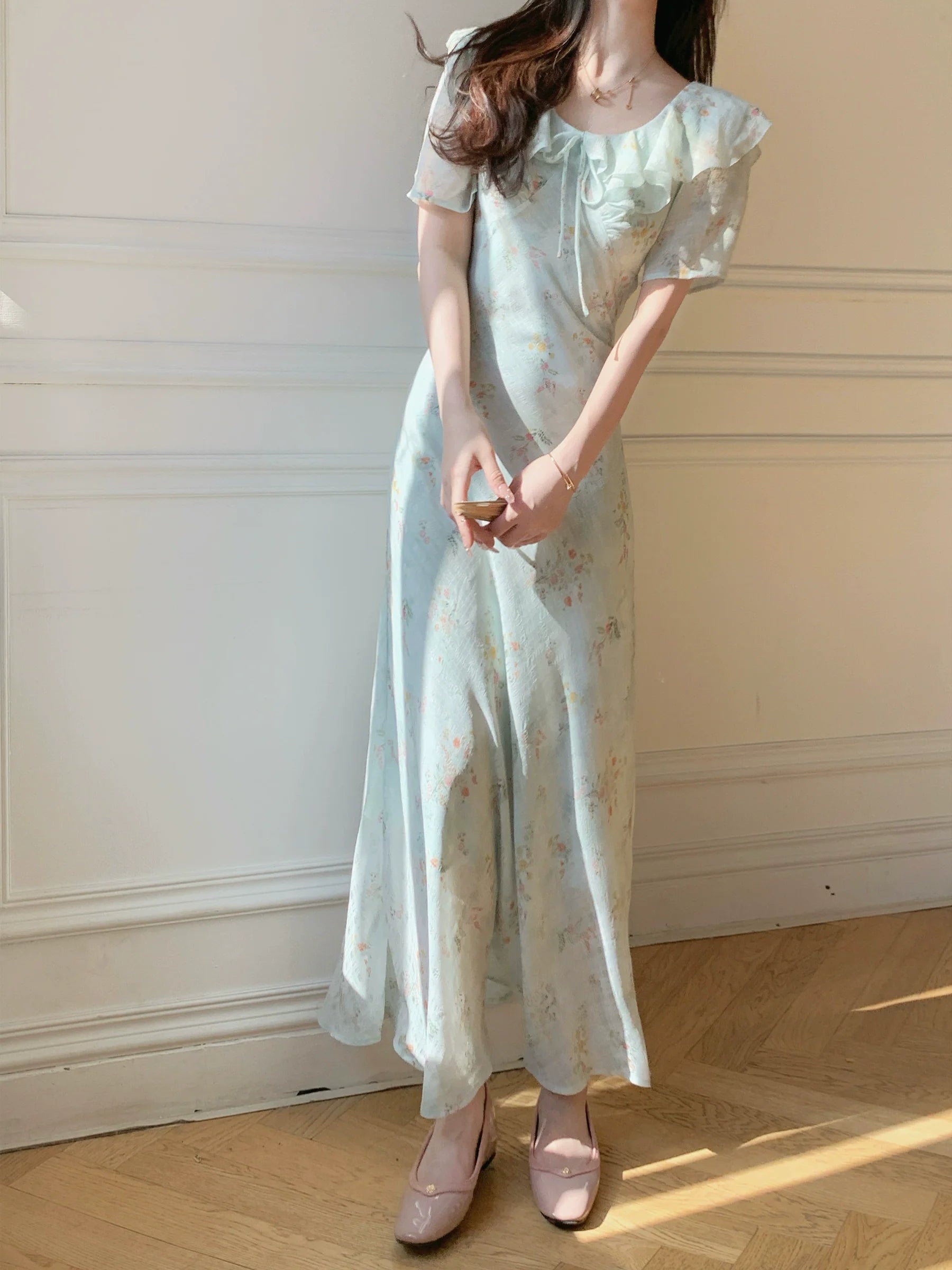 ラッフルフローラルシフォンワンピース